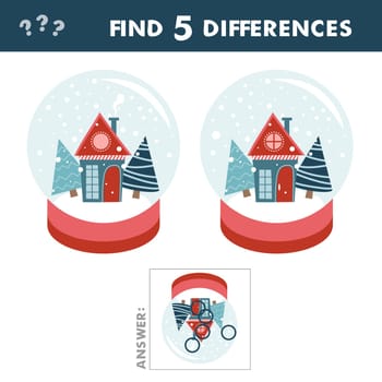 Kids game find differences. Merry christmas snow globe with a small house and fir-tree under the snow. Educational leisure activity with answer