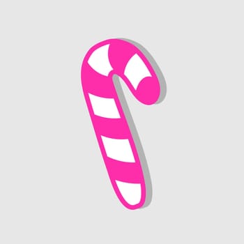 Cute Christmas candy cane - vector icon in pink color. Striped candy isolated on grey background. Minimalist sticker