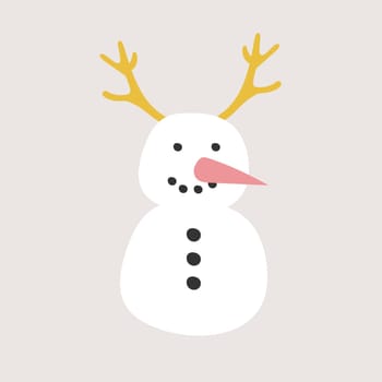 Creative hand drawn christmas card with funny smiling snowman with horns. Simple icon