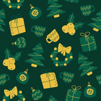 Cute and simple hand drawn doodle christmas seamless pattern background in minimalist Scandinavian style, green and yellow colors