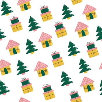 Seamless pattern with winter houses, trees and gifts. Creative christmas background. Vector Illustration with green, yellow, pink colors