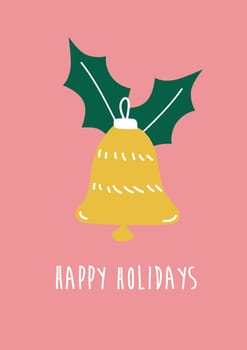 Hand drawn Christmas bell in yellow color. Vector doodle style. Vector hand drawn element for decoration. Christmas card with with happy holidays text