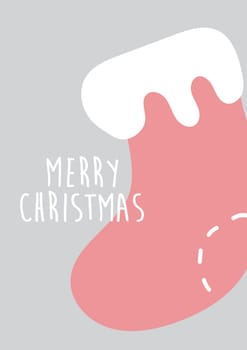 Christmas stocking element. Festive hand drawn design on grey. Merry Christmas greeting card design. Minimalist Scandinavian design