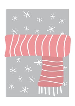 Cozy pink scarf on a gray greeting card with snowflakes. Christmas minimalist design, vector hand draw illustration for design and creativity