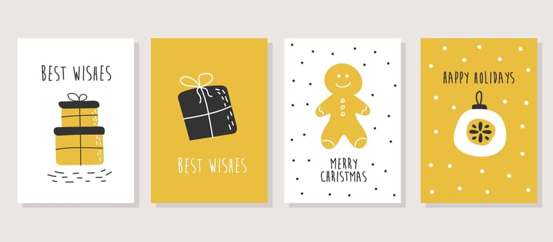 Vector set of scandinavian Christmas cards in white, black and yellow modern colors. Hand drawn Merry Christmas greeting card design