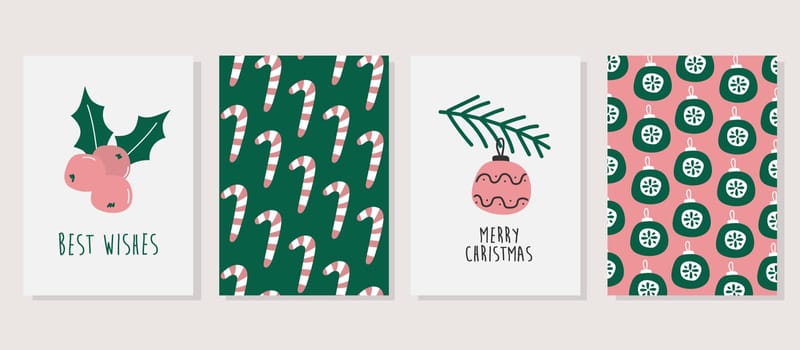 Set of christmas greeting cards with holiday text and design elements. Two cards with pattern. Hand drawn vector Merry Christmas cards collection