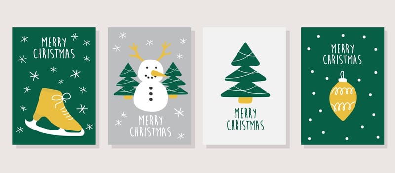 Hand drawn vector Merry Christmas cards collection set with cute illustrations. Cartoon minimalist Scandinavian design. Green and yellow colors