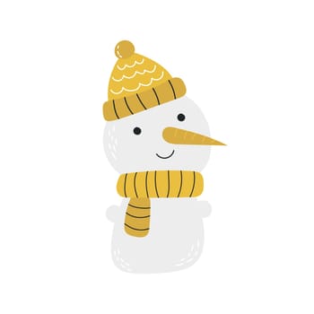 Smiling snowman in a yellow hat and scarf. Hand-drawn, isolated on white background. Design for greeting card, banner. Scandinavian minimalistic style