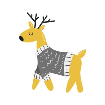 Cute deer wearing sweater. Hand drawn vector illustration for greeting card, poster design. Scandinavian minimalistic children style, black and yellow