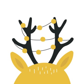 Deer horns with garland. Decorative cute backdrop vector. Hand drawn poster design. Scandinavian minimalistic children style, black and yellow color