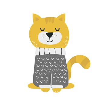 Cute little cat in a sweater. Childish print. Vector hand drawn illustration. Scandinavian minimalistic children style, black and yellow color