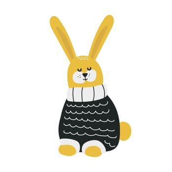 Cute black and yellow rabbit in sweater. Scandinavian-style isolated simple childish doodle hare. Hand drawing. Vector.