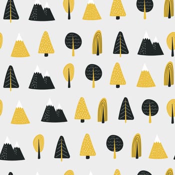 Vector seamless pattern with hand drawn doodle trees forest and mountains for gift boxes packaging, textiles. Black, gold, white colors.
