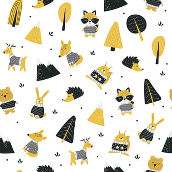 Hand drawn scandinavian animals in the forest, seamless pattern. Scandinavian style traditional motifs. Vector illustration.