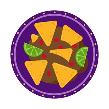 Nachos and fajitos with slices of tomato and pepper, lime on a plate. Illustration for the menu on a white background. Traditional Mexican food.