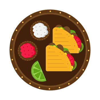 Quesadilla on plate with sauces and lime. Traditional mexican dish. Vector illustration on white background.