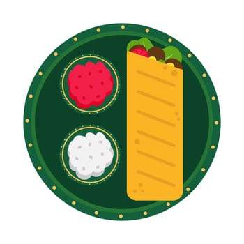 Burrito icon isolated on white background. Plate with sauces. Kebab icon. Traditional mexican dish on white background.
