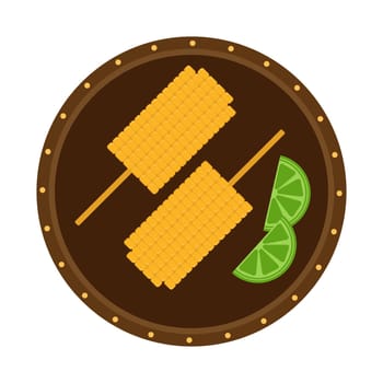 Corn on a stick. Traditional Mexican food on a white background. Two corns on a plate with lime