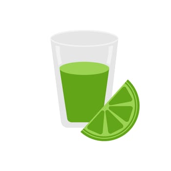 Tequila shot with lime slice isolated on white background. Mexican food and drink.
