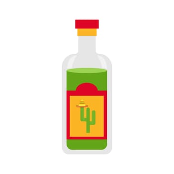 Mexican food and drink. Tequila bottle in cartoon style isolated on white. Vector illustration for menu designs.