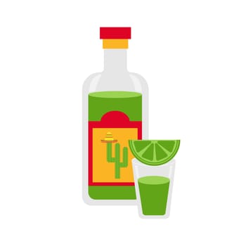 Mexican food and drink. Tequila with lime isolated on white. Vector illustration for menu designs.