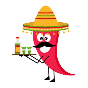 Vector illustration with chili pepper. Chili pepper in sombrero. Waiter with a tray of tequila bottles and shots with lime