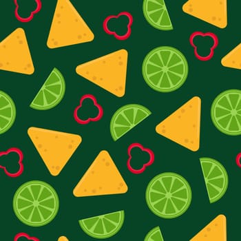 Background with nacho, slice of lime and chili on green - seamless pattern. Mexican snack. Pattern for wrapping, textile, design