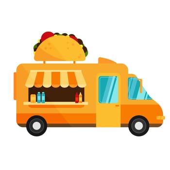 Taco truck. Street fast food truck, takeaway restaurant, market in street isolated vector illustration in flat cartoon style.