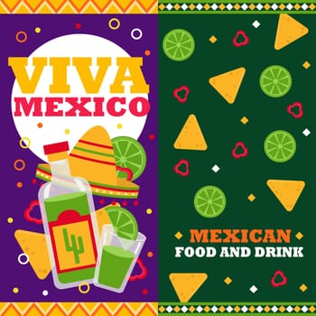 Cartoon mexican food. Vertical vector banners. Promo vector illustration. Mexican restaurant. Lime, nachos and pepper elements
