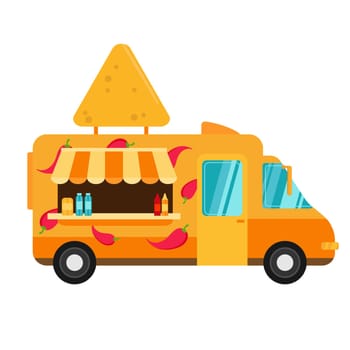 Food truck for Mexican nachos chili pepper fast delivery service or summer food festival. Truck van with nachos on white background