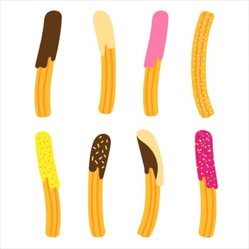Set of churros with different toppings. Mexican snack. Hand drawn vector illustration. Churros sticks, different shapes on white.