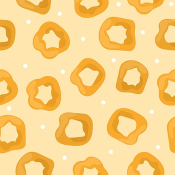 Picarones pumpkin donuts, dessert, latin american cuisine. Seamless pattern with donuts on a yellow background.