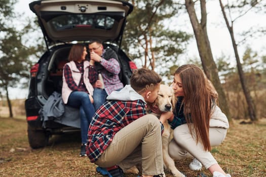 Happy family sitting and having fun with their dog near modern car outdoors in forest.