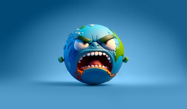 AI Generated Cartoon character - angry planet earth with eyes on blue banner background. Planet pollution concept