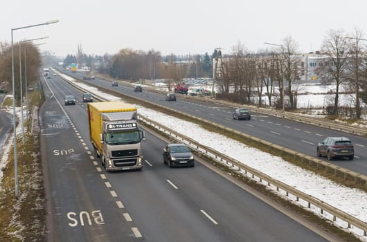 Poznan, Poland - January 24, 2023: Car traffic on a motorway in Poland.
