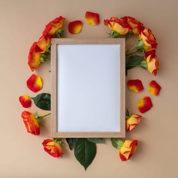 Mockup Wooden frame with Empty white paper blank and delicate red roses on beige background. Minimal trendy composition. Romantic pastel pink rose flowers. Neutral earth tones. Copy space Greeting card idea