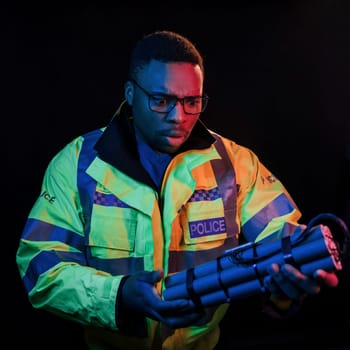 Policeman with bomb. Futuristic neon lighting. Young african american man in the studio.