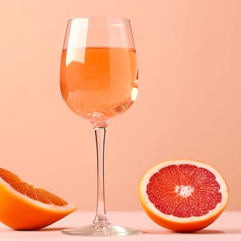 Glass with sparkling rose wine and grapefruit on pastel background with copy space. Wide angle format banner.