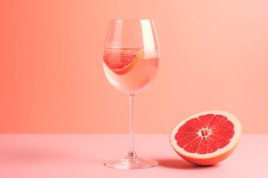 Glass with sparkling rose wine and grapefruit on pastel background with copy space. Wide angle format banner.