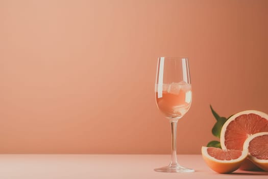 Glass with sparkling rose wine and grapefruit on pastel background with copy space. Wide angle format banner.