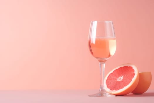 Glass with sparkling rose wine and grapefruit on pastel background with copy space. Wide angle format banner.