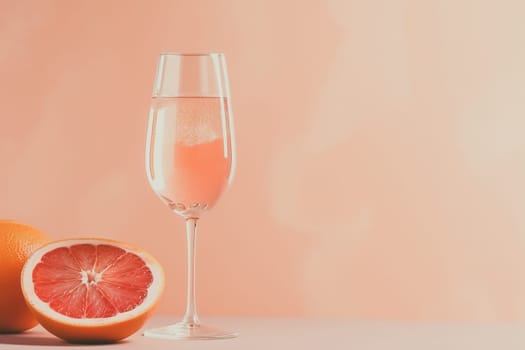 Glass with sparkling rose wine and grapefruit on pastel background with copy space. Wide angle format banner.