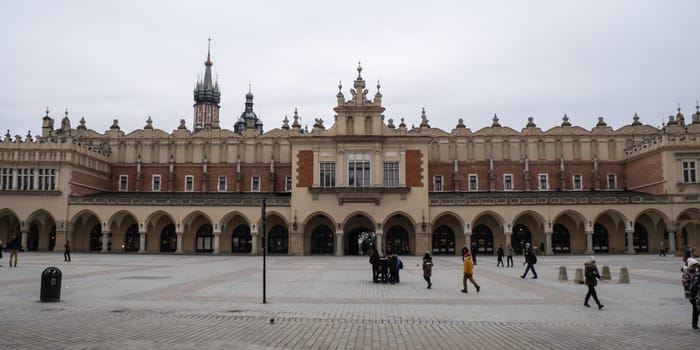 Krakow Main Square Rynek Glowny Poland. Krakow architecture, old city architecture. Historic Roman Catholic church in Krakow Baroque architecture Travel tourist attraction