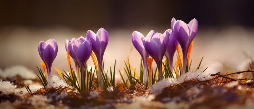 Springtime flowers - purple crocuses are coming through the last snow
