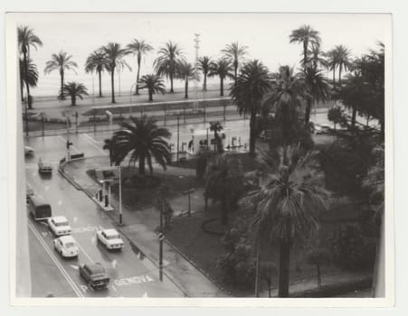 ITALY - CIRCA 1970s: Vintage photo shows the Italian riviera. Retro black and white photography. Circa 1970s.