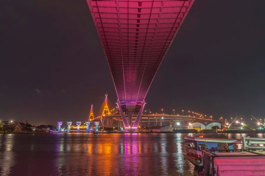 Bhumibol Bridge, Chao Phraya River Bridge. Turn on the lights in many colors at night.