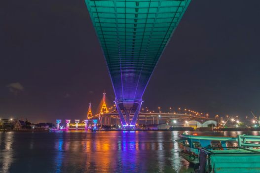 Bhumibol Bridge, Chao Phraya River Bridge. Turn on the lights in many colors at night.