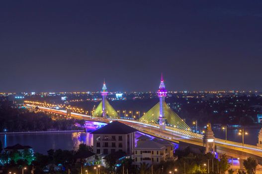 The opening of the light to decorate the bridge across the Chao Phraya River in Thailand, LED lighted bridge, traffic on the bridge over the river