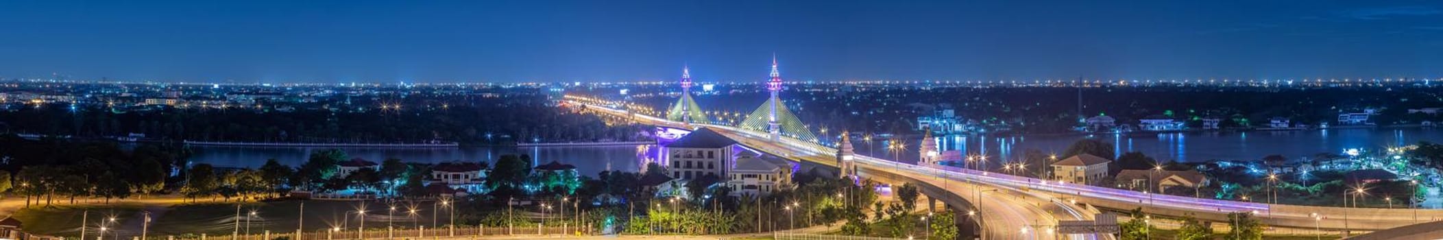 Panorama traffic on the bridge,Bridge over the Chao Phraya River at night