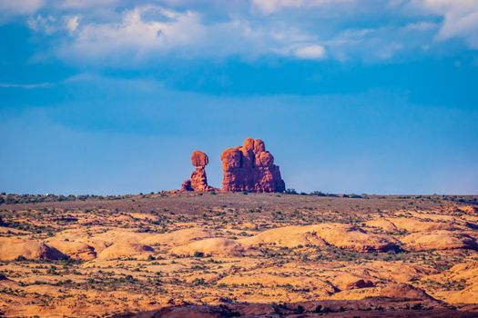 Balanced Rock and nearby rock formations viewed from La Sal Mountains Viewpoint, in Arches National Park, Utah